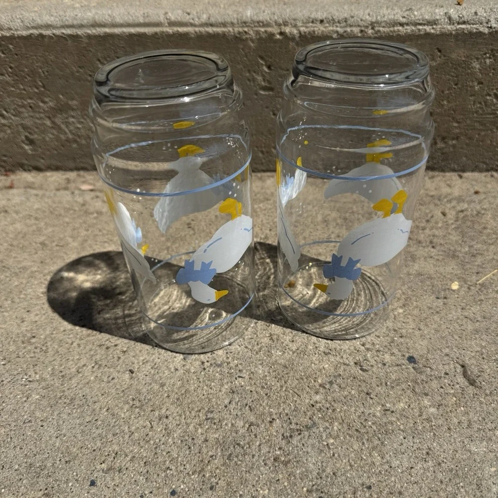 1980s Country Goose Drinking Glasses Blue Bow Farmhouse Cottage Country Kitchen
